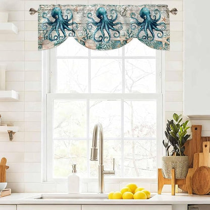 Sea Octopus Ocean Starfish Tie Up Valance Curtains,Nautical Anchor Vintage Wood Grain Kitchen Light Filtering Window Treatments with 3-inch Rod Pocket for Living Room,Bedroom,42x18In