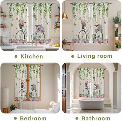 Farmhouse Spring Kitchen Curtains, Retro Bicycles Flowers Vines Butterfly Light Filtering Window Curtain Panels, 2Pcs Rod Pocket Window Treatments Set for Living Room Bathroom Bedroom 42x63 Inches