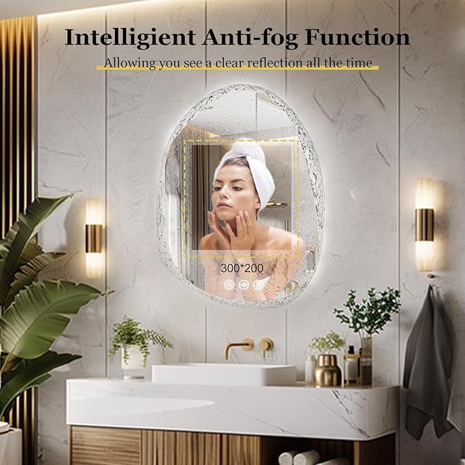 LUVODI Lighted LED Bathroom Mirror: 32”x24”Irregular Stone Pattern Frosted Wall Vanity Mirror with Bright Back Lit - Smart Dimmable Mirror Anti Fog with Touch Switch for Restroom Bedroom Living Room