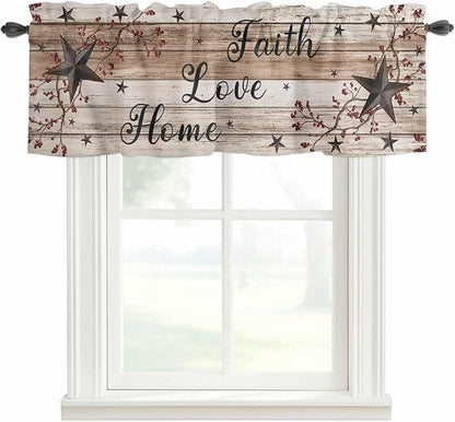 Rustic Star Brown Curtain Valances for Windows, Kitchen Valance Window Treatment, Vintage Plants Berry Wooden Grain Light Filtering Block Curtains for Bathroom/Bedroom/Living Room 42'' x 18''