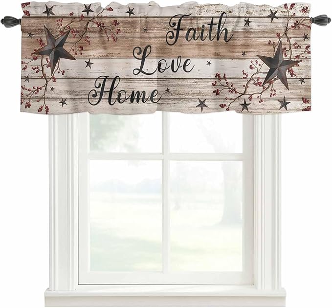 Rustic Star Brown Curtain Valances for Windows, Kitchen Valance Window Treatment, Vintage Plants Berry Wooden Grain Light Filtering Block Curtains for Bathroom/Bedroom/Living Room 60'' x 18''