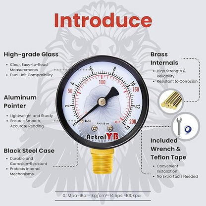 2-inch Pool Filter Pressure Gauge,60PSI, 1/4" NPT (Dry Lower 0-200PSI)