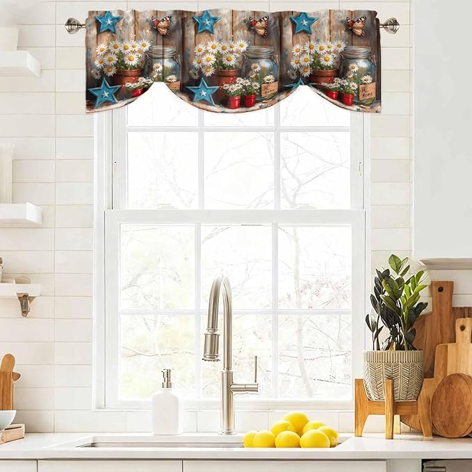 Country Flower Tie Up Valance for Window, Western Texas Star Butterfly Barn Door Adjustable Balloon Window Shade Valance Curtain for Kitchen Cafe Bathroom Window Treatment Panel 42''x12''