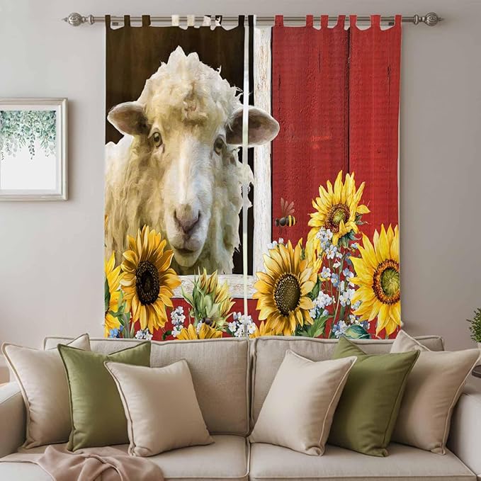 Sheep Flowers Living Room Curtains 84 Inch Length, Window Curtains Tab Top, Country Red Barn Botanical Sunflowers Light Filtering Window Treatments Drapes 52"x84" 2 Panel