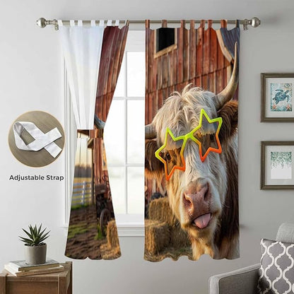 Farm Yaks Living Room Curtains 84 Inch Length, Window Curtains Tab Top, Farmhouse Barn Funny Animals Butterfly Light Filtering Window Treatments Drapes 52"x84" 2 Panel