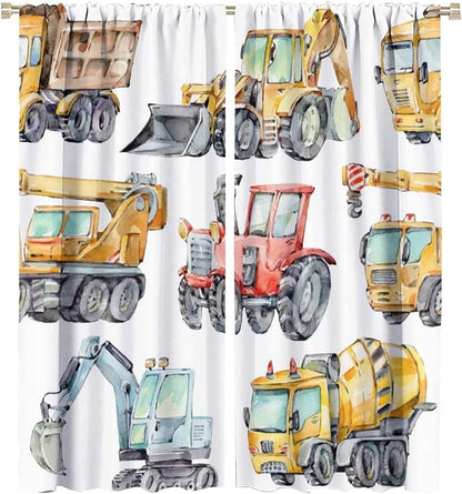 Kids Excavator Curtains, Retro Truck Tractor Machinery Construction Vehicle Crane Digger Mixer Rod Pocket Decorative Windows Curtain for Teens Girls Boys Room 42x54in (30% Blackout)