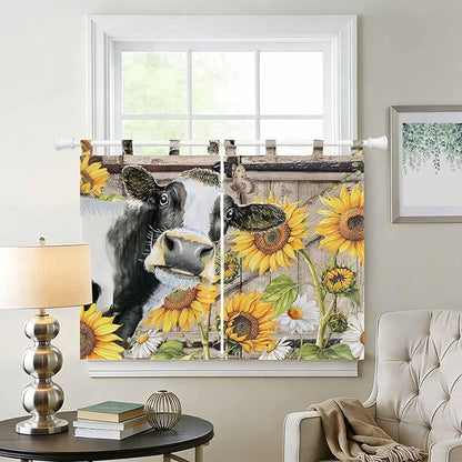 Retro Farmhouse Flower Kitchen Curtains 45 Inch Length, Short Cafe Window Curtains Tab Top, Yellow Sunflowers Cow Barn Doors Brown Light Filtering Window Treatments Tier Drapes 27.5"x45" 2 Panel