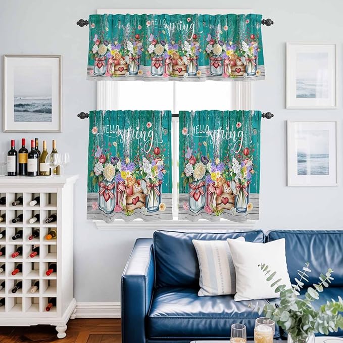 Kitchen Curtains Tiers and Valance Set of 3, Spring Flowers Light Filtering Window Curtain Set, Farmhouse Watercolor Teal Wood Grain Rod Pocket Curtain Drapes for Cafe, Living Room, 36 Inches Tiers