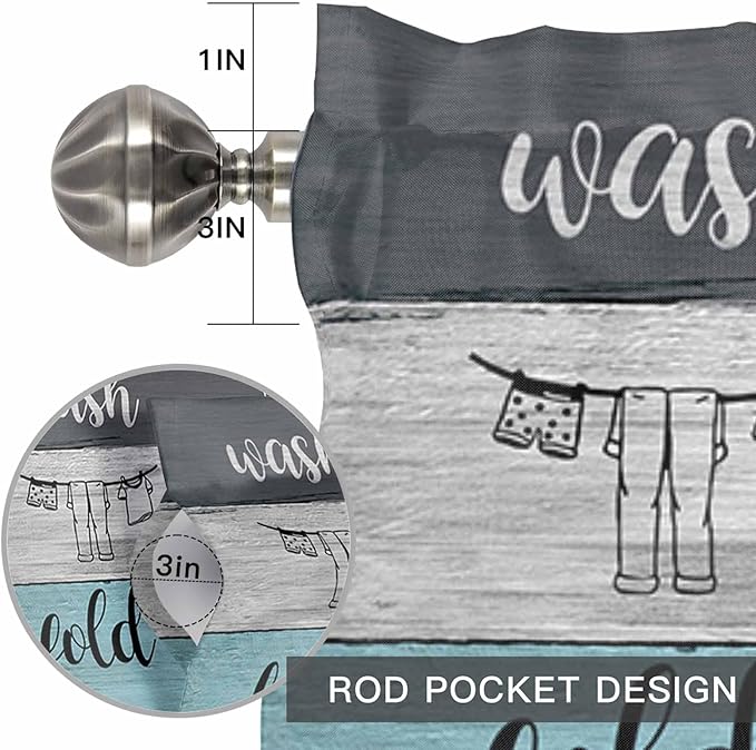 Laundry Rules Valances for Windows, Retro Blue White Wood Board Grain Kitchen Valance Light Filtering Rod Pocket Short Curtains for Kitchen Bathroom, 1 Panel, 56"x16"