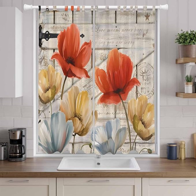 Retro Floral Living Room Curtains 96 Inch Length, Window Curtains Tab Top, Red Yellow Tulips Barm Doors Farmhouse Wooden Light Filtering Window Treatments Drapes 52"x96" 2 Panel