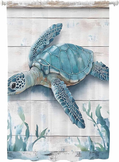 Sheer Curtains 63 Inch Length, Teal Green Sea Turtle Semi Sheer Curtains Light Filtering Window Treatment, Summer Ocean Seaweed Wood Grain Privacy Voile Drapes for Living Room Bedroom 52x63 Inch