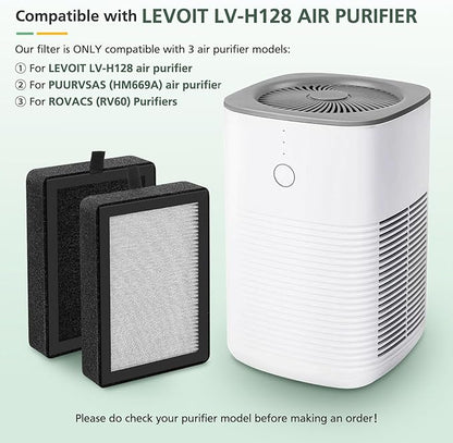 4 Pack LV-H128 Replacement Filter Compatible with LEVOIT LV-H128 / PUURVSAS (HM669A) / ROVACS (RV60) Air Purifiers, 3-in-1 Middle Layer, Activated Carbon Layer and Pre-Filter
