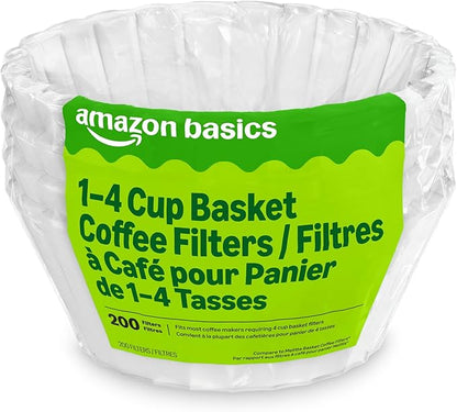 Amazon Basics Basket Coffee Filters for 1-4 Cup Coffee Makers, White, 200 Count