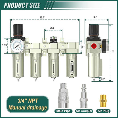 Industrial Grade 4-Stage Air Drying System, 3/4" Npt With Manual Drain, Desiccant Dryer, Air Regulator, Particulate Filter and Coalescing Filter For Paint Spray, Plasma Cutter