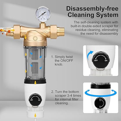 Airthereal Spin Down Water Sediment Filter, Pre-Filtration System for Whole Home, Water Filter for City and Well Water, 40 Micron Reusable Sediment Backwash Filter with 1" MNPT + 3/4" FNPT Connector