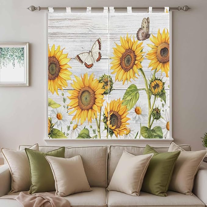 Yellow Sunflowers Living Room Curtains 84 Inch Length, Window Curtains Tab Top, Vintage Country Flowers Butterfly Wood Board Light Filtering Window Treatments Drapes 42"x84" 2 Panel