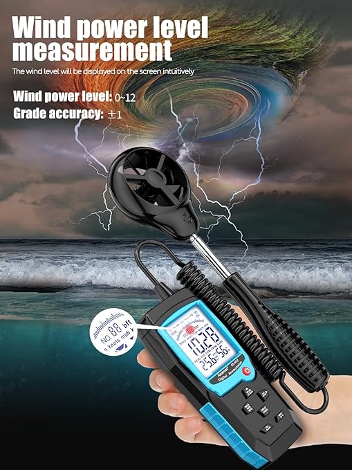 H12 Digital Anemometer Handheld Wind Speed Meter with Extended Wind Sensor, Measures Wind Speed Wind Flow Temperature and Humidity CFM Air Flow Velocity Meter with Big Backlit Screen