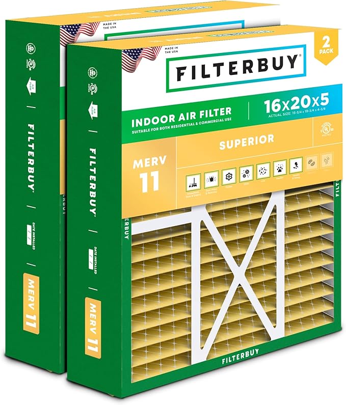 Filterbuy 16x20x5 Air Filter MERV 11 Superior Pet & Allergy Defense (2-Pack), Pleated HVAC AC Furnace Filters for Honeywell FC100A1003, Lennox X0592, and More (Actual Size: 15.75 x 19.75 x 4.38)