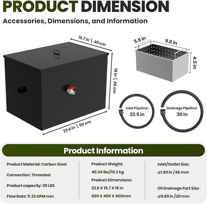 Grease Trap, 30 LBS Stainless Steel Interceptor, 23.6" × 15.7" × 18" Commercial Grease Trap for Kitchens, Coffee Shops, and Food Processing Plants That Produce Oily Wastewater