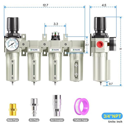 TAILONZ PNEUMATIC 0-240PSI 3/4 Inch NPT Industrial Grade 4 Stage Air Drying System, Double Particulate Filter, Coalescing Filter, Desiccant Dryer and Air Regulator (Manual Drainage）