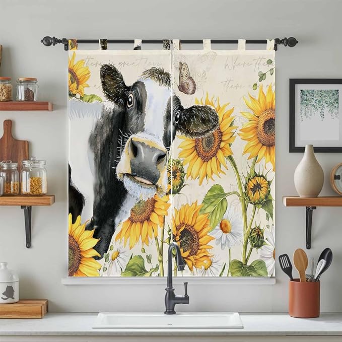 Yellow Sunflowers Living Room Curtains 84 Inch Length, Window Curtains Tab Top, Country Cow Flower Butterfly Farmhouse Cream Light Filtering Window Treatments Drapes 42"x84" 2 Panel