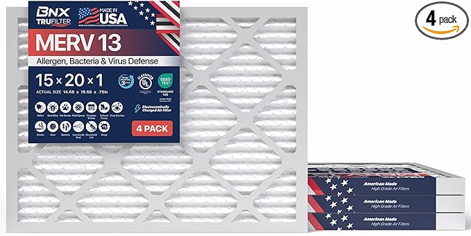 BNX TruFilter 15x20x1 Air Filter MERV 13 (4-Pack) - MADE IN USA - Electrostatic Pleated Air Conditioner HVAC AC Furnace Filters for Allergies, Pollen, Mold, Bacteria, Smoke, Allergen, MPR 1900 FPR 10