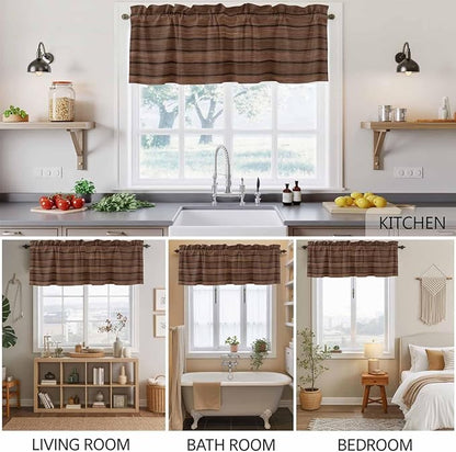 2 Pack Kitchen Valance for Windows, Farm Brown Wood Board Light Filtering Rod Pocket Valances Short Curtain, Vintage Farmhouses Barn Window Curtain for Bedroom Bathroom Living Room 42x12in