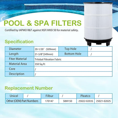 Savener® S8M150 System 3 Inner and Outer Cartridge, Replacement for Sta-Rite System 3 S8M150, 170147, 25022-0203s-25021-0202s, SR450 Swimming Pool Filter Cartridge, 450 Sq. Ft