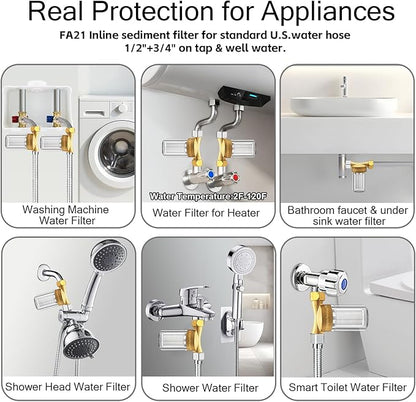 FA21 Washer Water Filter Reusable, brass garden hose filter with 3/4" adapters, 40-50 Micron, inline sediment filter for washing machine shower well water RV Car Wash