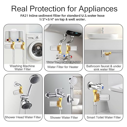 FA20 Brass Sediment Filter, Reusable Washer Water Filters, Traps Sand, Rust, 40 Micron Inline Water Filters for Washing Machines, Shower, Well