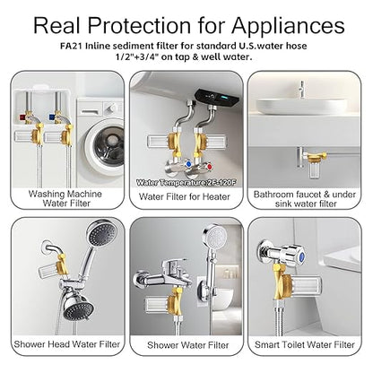 FA20 Brass Sediment Filter, Reusable Washer Water Filters, Traps Sand, Rust, 40 Micron Inline Water Filters for Washing Machines, Shower, Well