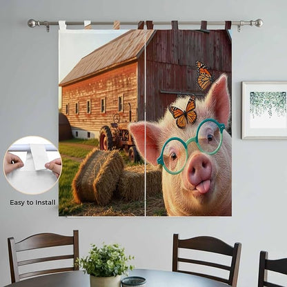 Farm Pig Living Room Curtains 84 Inch Length, Window Curtains Tab Top, Farmhouse Barn Funny Animals Butterfly Light Filtering Window Treatments Drapes 42"x84" 2 Panel