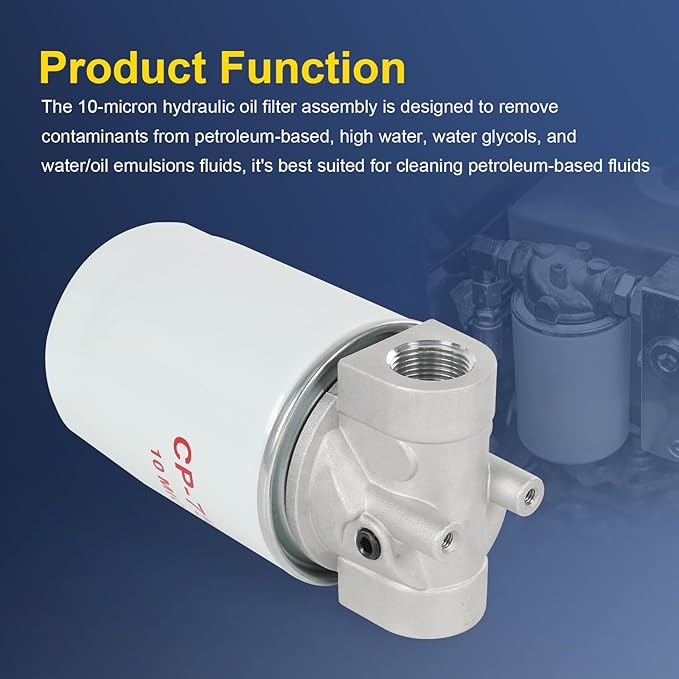 10 Micron Hydraulic Oil Filter Assembly, Spin-On Design, Return Line Filter with Indicator Port, 20 GPM Flow Rate, 200 PSI, 3/4" NPTF Port, Replace# 221006