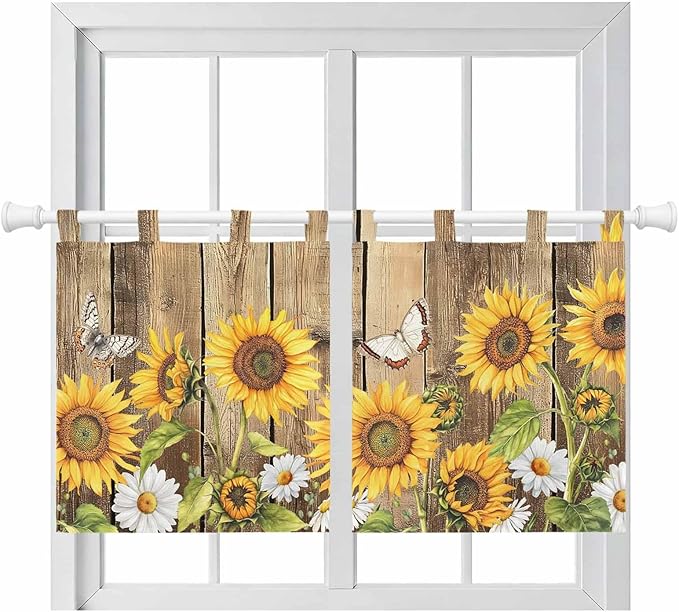 Farmhouse Sunflowers Kitchen Curtains 24 Inch Length, Small Window Curtains Tab Top, Rustic Floral Buttterfly Wood Board Brown Light Filtering Short Window Treatments Tier Drapes 27.5"x24" 2 Panel
