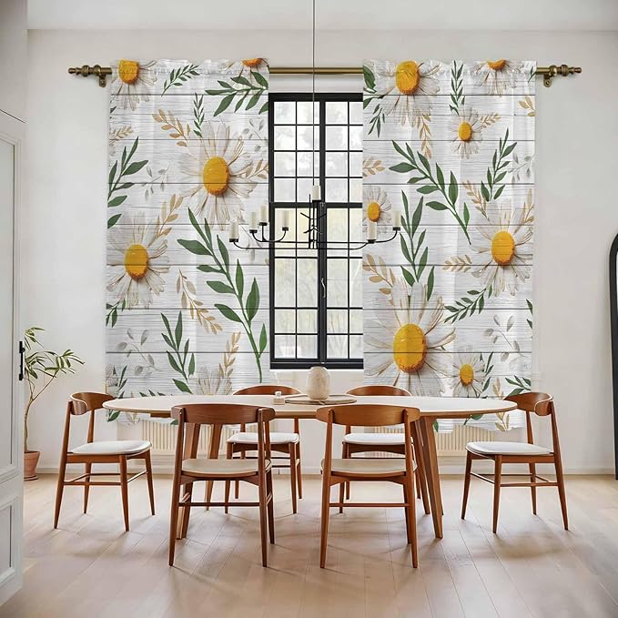 Spring Daisy Kitchen Curtains, Farmhouse Country Flower Leaf Plant Wood Grain Light Filtering Window Curtain Panels, 2Pcs Rod Pocket Window Treatments Set for Living Room Bathroom Bedroom 52x72 Inches