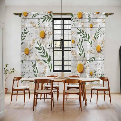 Spring Daisy Kitchen Curtains, Farmhouse Country Flower Leaf Plant Wood Grain Light Filtering Window Curtain Panels, 2Pcs Rod Pocket Window Treatments Set for Living Room Bathroom Bedroom 52x72 Inches