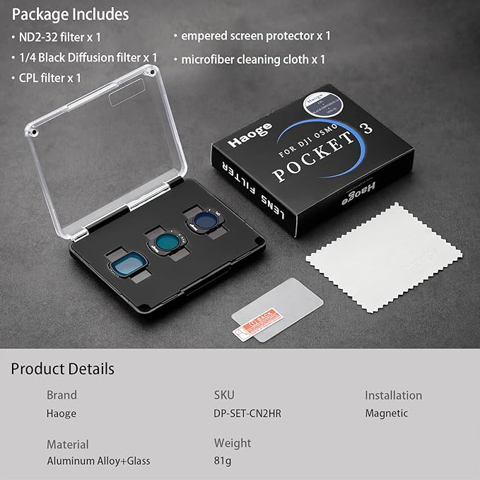 Haoge Magnetic Filters Set for DJI Osmo Pocket 3,Includes CPL,ND2-32,1/4 Black Diffusion,and Screen Protector,Multi-Coated Optical Glass,Filter kit Vlog Video Accessory