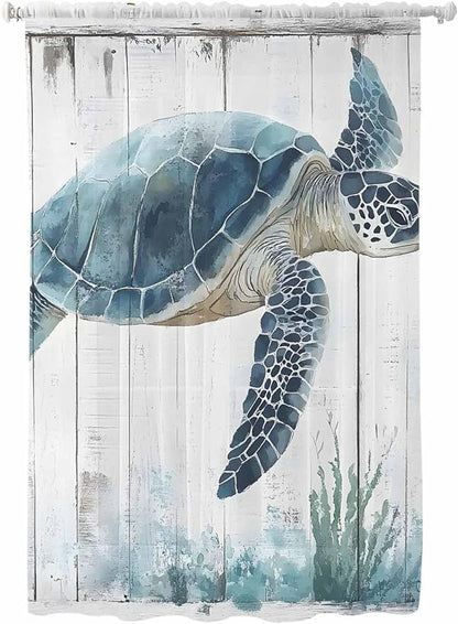 Sheer Curtains 72 Inches Long, Sea Turtle Teal Blue Semi Sheer Curtains Light Filtering Window Treatment, Summer Coastal Ocean Wood Grain Privacy Voile Drapes for Living Room Bedroom 52x72 Inch