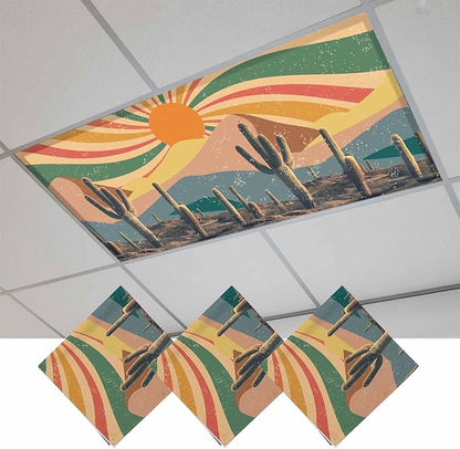 Fluorescent Light Covers for Ceiling Lights Cactus Desert Magnetic Light Filters 3 Pack 4x2 ft Boho Abstract Sun Mountain Rainbow Ceiling Lights Cover for Classroom Office School Home Drop Lamp Decor