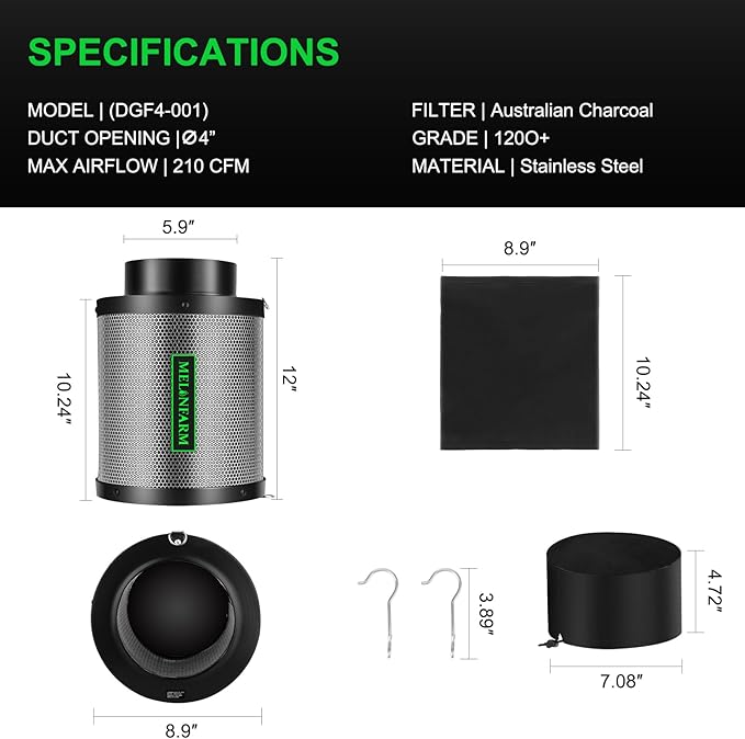 MELONFARM 6" Air Carbon Filter Smelliness Control with Australia Virgin Charcoal, Odor Removal Carbon Filter for Grow Tent, Inline Fan, Hydroponics, Pre-Filter Included, Insulated Flange 6" x 11.8"