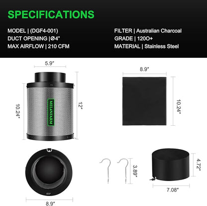 MELONFARM 6" Air Carbon Filter Smelliness Control with Australia Virgin Charcoal, Odor Removal Carbon Filter for Grow Tent, Inline Fan, Hydroponics, Pre-Filter Included, Insulated Flange 6" x 11.8"
