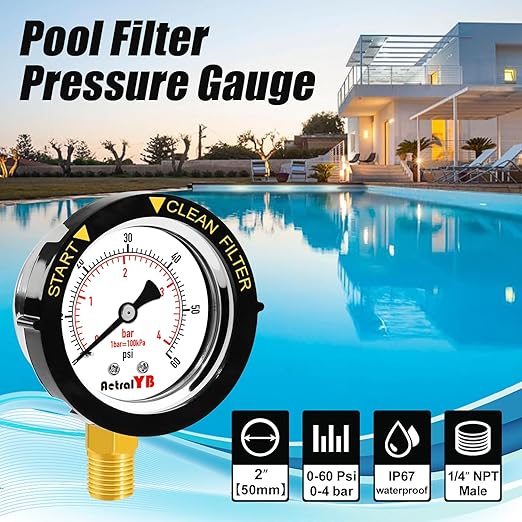 0-60PSI Pool Filter Pressure Gauge, 2 inches Dial, 1/4" NPT Bottom Mount, 304Stainless Steel Case, IP67 Waterproof, Clean Filter Indicator, for Swimming Water Pump Spa Aquarium Pressure Test