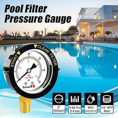 0-60PSI Pool Filter Pressure Gauge, 2 inches Dial, 1/4" NPT Bottom Mount, 304Stainless Steel Case, IP67 Waterproof, Clean Filter Indicator, for Swimming Water Pump Spa Aquarium Pressure Test