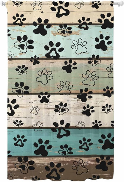 Sheer Curtains 84 Inches Long, Sage Green Brown Paw Prints Semi Sheer Curtains Light Filtering Window Treatment, Vintage Farmhouse Wooden Grain Privacy Voile Drapes for Living Room Bedroom 52x84 Inch