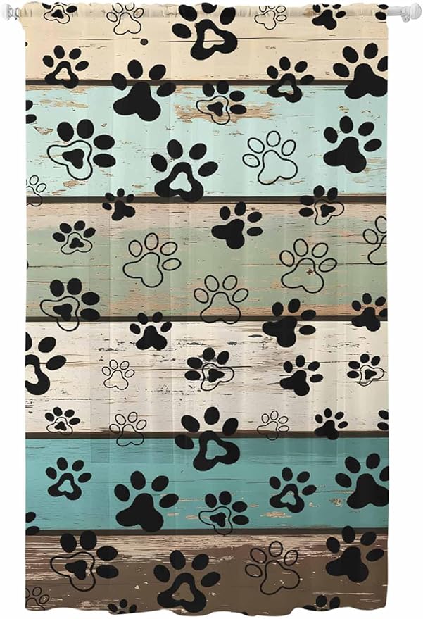 Sheer Curtains 96 Inches Long, Sage Green Brown Paw Prints Semi Sheer Curtains Light Filtering Window Treatment, Vintage Farmhouse Wooden Grain Privacy Voile Drapes for Living Room Bedroom 52x96 Inch
