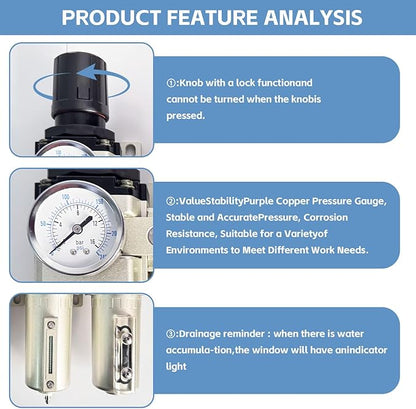 1/2" NPT 3 Stage Air Drying System,Heavy Duty Industrial Grade Air Compressor Water Separator System,Filter Oil Water Separator Dryer for Plasma Cutter and Paint Spray,0-240 PSI,Auto Drain