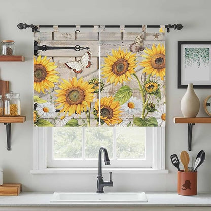 Farm Flowers Bedroom Curtains 63 Inch Length, Window Curtains Tab Top, Retro Sunflowers Barn Doors Butterfly Wood Board Light Filtering Window Treatments Drapes 42"x63" 2 Panel