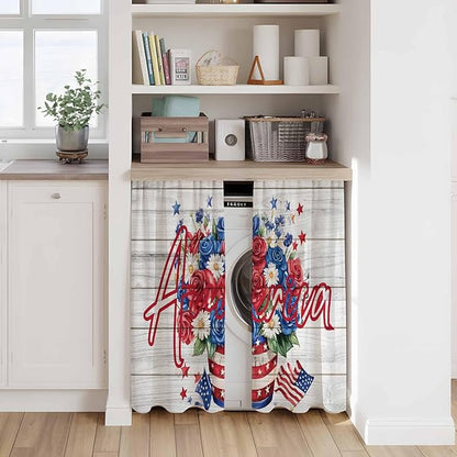 Independence Day Kitchen Curtains 45 Inch Long 2 Panel Set, Rod Pocket Window Treatment, 4 of July Rose Wooden Grain Vintage Light Filtering Short Curtains & Drapes for Bathroom Laundry 52"W x 45"L
