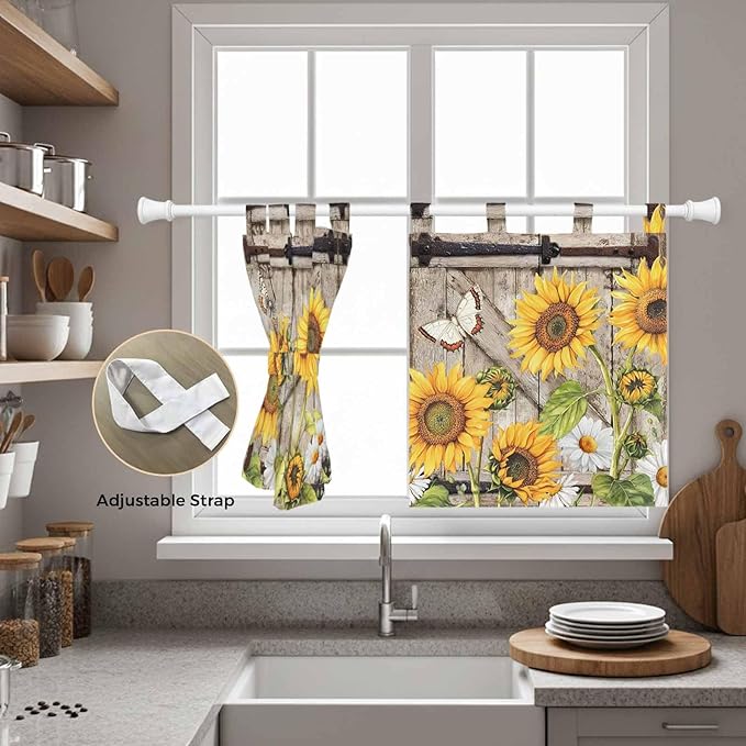 Farmhouse Sunflowers Kitchen Curtains 24 Inch Length, Small Window Curtains Tab Top, Rustic Barn Doors Flowers Butterfly Wooden Light Filtering Short Window Treatments Tier Drapes 27.5"x24" 2 Panel