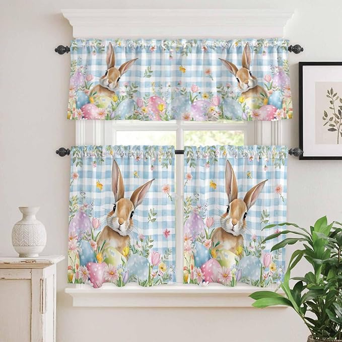 Kitchen Curtains Tiers and Valance Set of 3, Easter Light Filtering Window Curtain Set, Spring Rabbit Eggs Seasonal Flowers Blue Lattice Rod Pocket Curtain Drapes for Living Room, 36 Inches Tiers